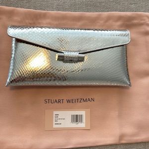 NWT Authentic Stuart Weitzman Snakeskin Silver Metallic Clutch